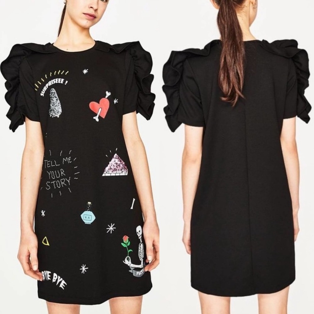 NWT Zara Black Frills and Patches Dress Size Small